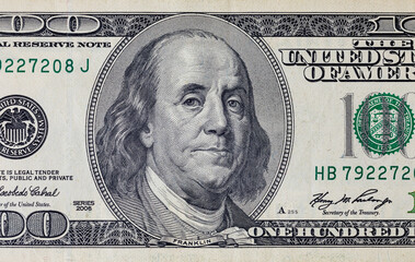 Vintage elements of paper banknotes.Bonistics.Fragment of 100 US dollar banknote for design purpose. United States of America