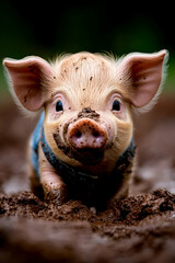 A playful piglet with a muddy snout stands in soft earth, showcasing its curious expression and adorable features.