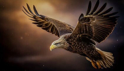 Obraz premium A eagle with wings fully spread, soaring against a dark, gradient sky with warm light highlighting its feathers.