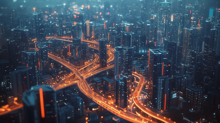 Fototapeta premium Smart digital Innovation city with connection network reciprocity over the twilight cityscape. of future smart wireless digital city and social media networking systems that connects people with city