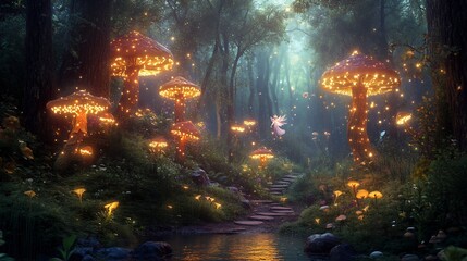 Obraz premium Enchanted Fairy Forest: Glowing Mushrooms and Magical Fairy