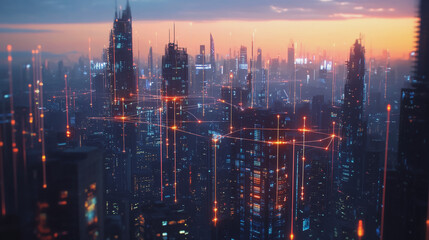 Smart digital Innovation city with connection network reciprocity over the twilight cityscape. of future smart wireless digital city and social media networking systems that connects people with city