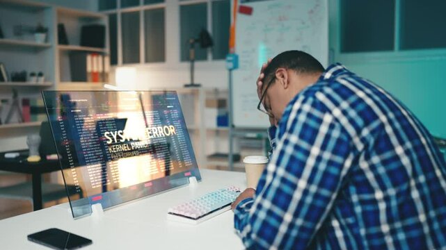 IT engineer debugs computer code, upset over a persistent system error message