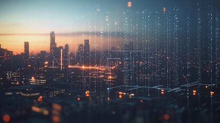 Fototapeta premium Smart digital Innovation city with connection network reciprocity over the twilight cityscape. of future smart wireless digital city and social media networking systems that connects people with city