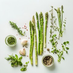 Fresh Asparagus and Herbs Flat Lay for Creative Recipe Inspiration
