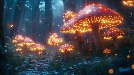 Enchanted Glowing Mushrooms in a Mystical Forest
