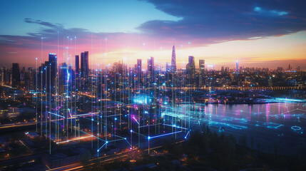 Fototapeta premium Smart digital Innovation city with connection network reciprocity over the twilight cityscape. of future smart wireless digital city and social media networking systems that connects people with city