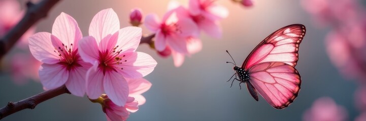 Fototapeta premium Delicate pink cherry blossoms, vibrant butterfly wings flutter nearby , flower, pink