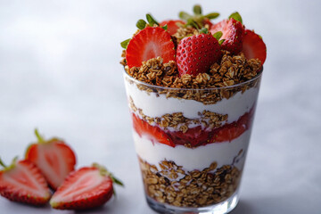 Delicious parfait glass with layers of yogurt, granola, and fresh strawberries arranged on a clean white background