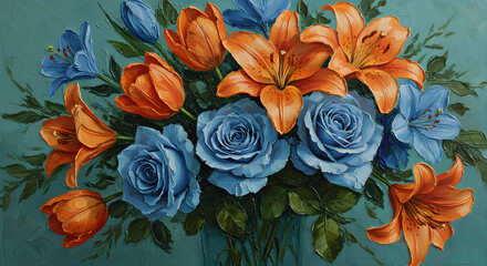  An artwork illustrating a bouquet of flowers in shades of blue and orange, highlighted by distinct leading lines.
