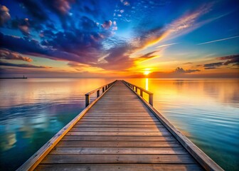 Obraz premium Serene Dawn at Ocean Pier: Empty Wooden Boardwalk, Calm Sea, Sunrise Sky