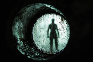 Close-up of a peephole revealing a distorted figure under eerie dim lighting in an unsettling atmosphere