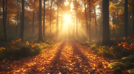 Obraz premium Golden Sunlight Illuminates Autumn Forest Path