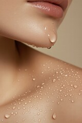 Fototapeta premium A close-up of a woman's shoulder with water droplets emphasizing the beauty and vitality of hydrated skin.