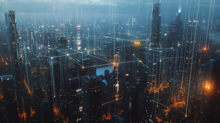 Smart digital Innovation city with connection network reciprocity over the twilight cityscape. of future smart wireless digital city and social media networking systems that connects people with city