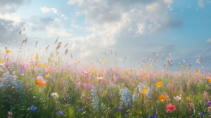 Naklejka premium Vibrant Wildflower Meadow Under a Bright Sky, Scenic Nature Landscape, Perfect for Springtime Themes, Environmental Campaigns, and Inspirational Outdoor Photography