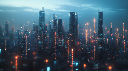 Obraz premium Smart digital Innovation city with connection network reciprocity over the twilight cityscape. of future smart wireless digital city and social media networking systems that connects people with city