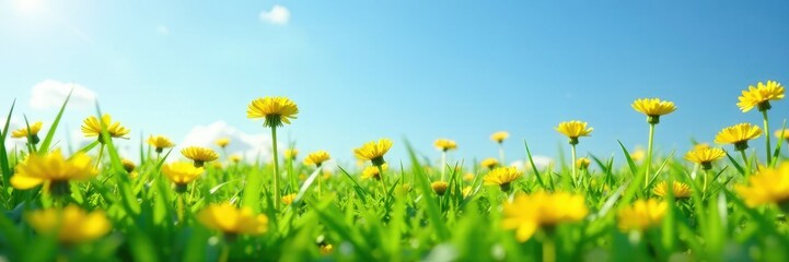 Fototapeta premium Golden dandelions scattered across a lush green field against a clear azure sky , scenery, plant