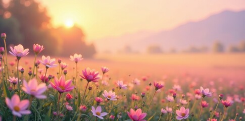 Obraz premium Pastel sunset hues paint hazy meadow, soft focus background; sweet floral scent implied, image, floral