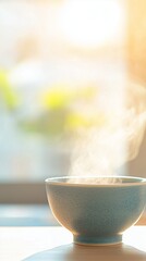 Steaming broth in ceramic bowl. Warm meal concept. Image for culinary and wellness content. Banner with copy space.