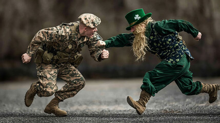Celebration of camaraderie between soldier and leprechaun during festive event in early spring
