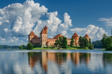 Fototapeta premium Panoramic aerial view of Trakai castle in Lithuania, Europe