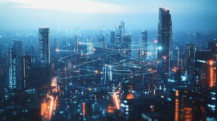 Naklejka premium Smart digital Innovation city with connection network reciprocity over the twilight cityscape. of future smart wireless digital city and social media networking systems that connects people with city