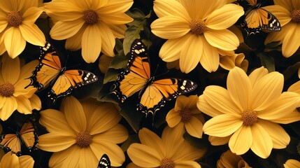 Fototapeta premium A bouquet of bright yellow flowers surrounded by colorful butterflies, great for spring or summer designs