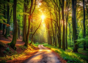 Fototapeta premium Serene Forest Path: A Fork in the Road, Peaceful Nature Landscape