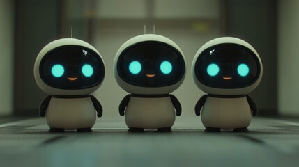Three cute, white robots with blue eyes standing in a row on a grey floor.