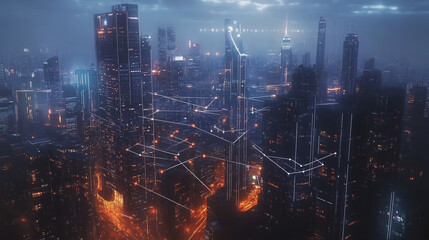 Obraz premium Smart digital Innovation city with connection network reciprocity over the twilight cityscape. of future smart wireless digital city and social media networking systems that connects people with city