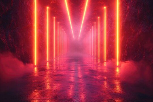 Interior of a tunnel with bright neon lights