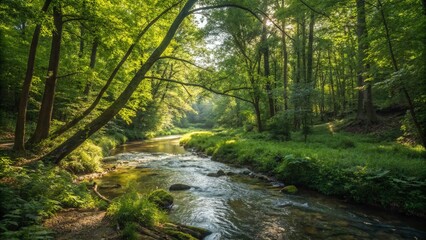 Obraz premium Serene Forest Stream: Lush Green Nature Photography