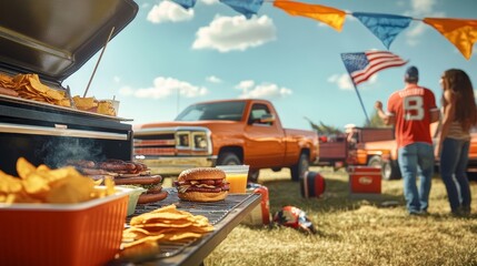 Family tailgating with food, trucks, and american flag
