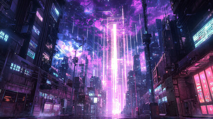 Obraz premium Holographic city blueprint floating mid-air, glowing light beams illuminating the design, futuristic industrial backdrop