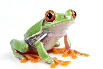 A close-up shot of a frog sitting on a white surface, perfect for use in educational or scientific contexts where a clear view of the amphibian is required
