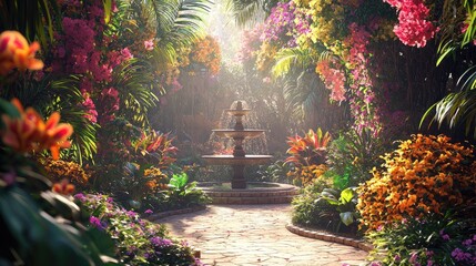 Serene Garden Paradise with A Sunlit Fountain in a Lush Floral Oasis
