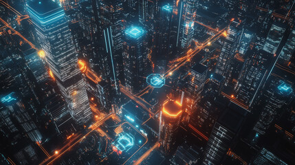 Obraz premium Smart digital Innovation city with connection network reciprocity over the twilight cityscape. of future smart wireless digital city and social media networking systems that connects people with city