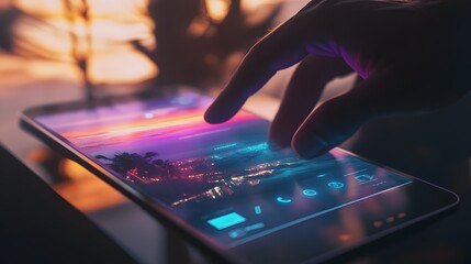 A hand interacting with a touchscreen device displaying a vibrant sunset over a city skyline, showcasing modern technology.