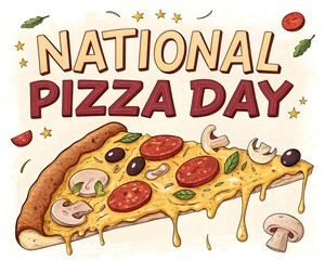 Slice of Pizza with 'National Pizza Day' Written on It. Delicious Slice of Pizza with 'National Pizza Day' Inscribed. Pizza Day.
