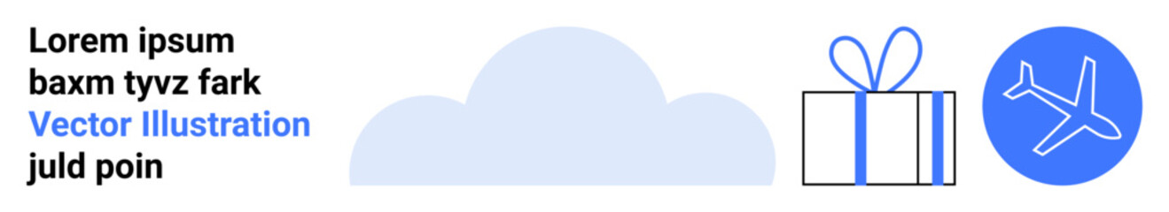 Cloud with a gift box tied with a ribbon, airplane icon inside a blue circle. Ideal for travel, rewards programs, cloud services, online shopping, holiday promotions, loyalty programs, international
