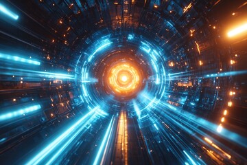 Obraz premium A bright blue and yellow light tunnel shines through the darkness, offering a beacon of hope