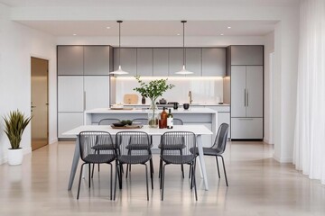 Dining table and empty chairs arranged in front of open plan modern kitchen at contemporary white apartment