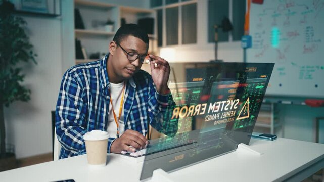 IT developer faces challenges fixing a system error on a futuristic computer