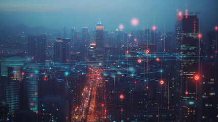 Obraz premium Smart digital Innovation city with connection network reciprocity over the twilight cityscape. of future smart wireless digital city and social media networking systems that connects people with city