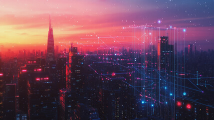 Fototapeta premium Smart digital Innovation city with connection network reciprocity over the twilight cityscape. of future smart wireless digital city and social media networking systems that connects people with city