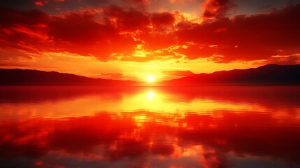 Fiery Sunset Over Calm Lake Mountainscape