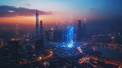 Fototapeta premium Smart digital Innovation city with connection network reciprocity over the twilight cityscape. of future smart wireless digital city and social media networking systems that connects people with city