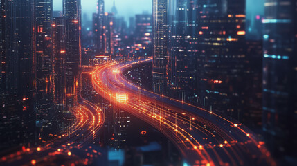 Naklejka premium Smart digital Innovation city with connection network reciprocity over the twilight cityscape. of future smart wireless digital city and social media networking systems that connects people with city