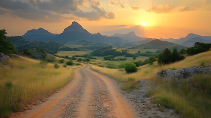 Sunset over rolling hills and a winding dirt road